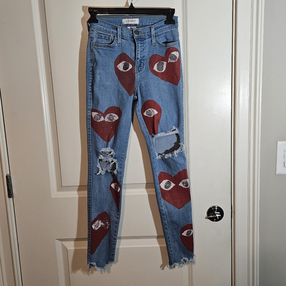 Graphic Print Heart Emoji Distressed Skinny Jeans Womens Size 3